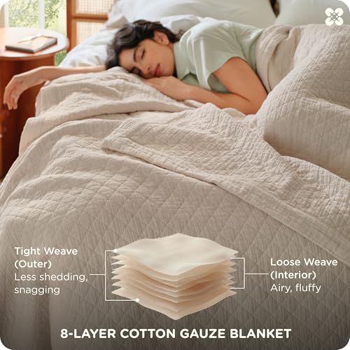 Bedsure Cotton Muslin Blanket Queen Linen Beige 8-Layer Breathable Comfort