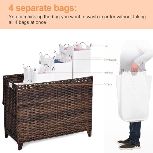 Brown Laundry Hamper with 4 Removable Liner Bags & Lid, 176L Capacity