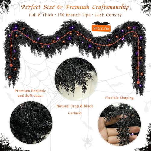Black Halloween Cedar Garland - 9ft Faux Foliage with Purple Lights - Variation of THIS listing