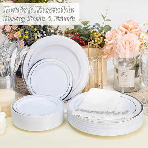 200PCS Silver Plastic Dinner and Dessert Plates Set - Disposable Party Tableware