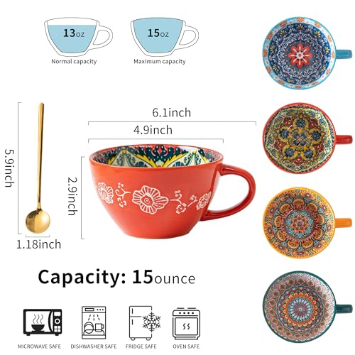 Noevany Boho 4-Piece Ceramic Coffee Mug Set with Spoons - Blue, Green, Red, Orange, 15 oz/450ml, Dishwasher & Microwave Safe