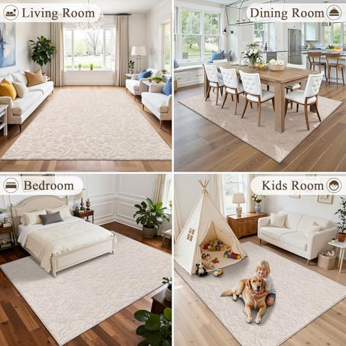Vaukki 5x7 Beige Area Rug for Living Room and Bedroom - Modern Boho Floral Design