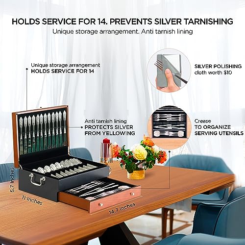 Silverware Storage Box with Lid and Polishing Cloth – Flatware Organizer for 14 Place Settings