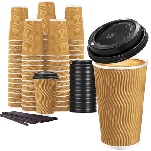 Champagne 16 oz Coffee Cups with Lids & Straws - Disposable Paper Set, 50 Pack
