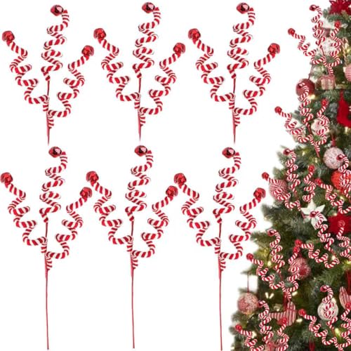 RINOLY 6 pcs Candy Cane Christmas Tree Topper 17in Red & White Woolen Bells