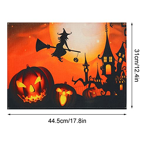 Halloween Placemats Set - Washable Linen Table Mats with Pumpkins & Ghosts, 4 Pack