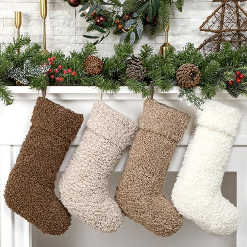 4 Pack Christmas Sherpa Stockings 20 Inch Faux Fur Fireplace Decor