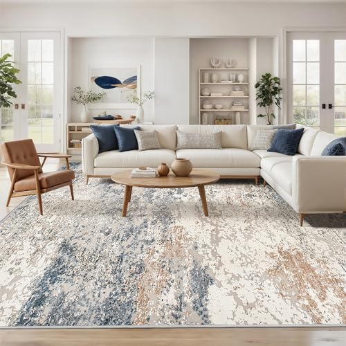 Blue Washable Area Rug 8x10 Abstract Large Living Room Floor Cover