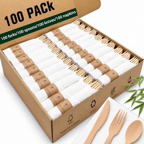 Pre Rolled Bamboo Cutlery Set with Napkins - 100 Pack Eco-Friendly Disposable Utensils
