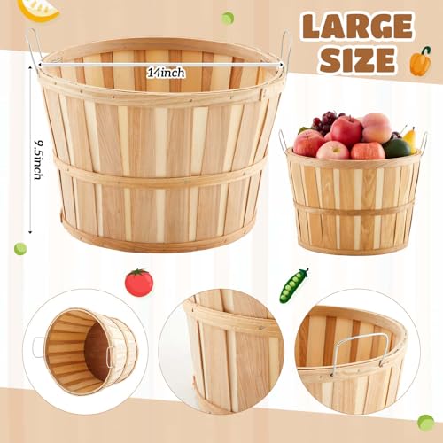 6 Pack Natural Wood Half Bushel Baskets with Metal Handles for Harvest & Storage - 14 x 9.5 Inches