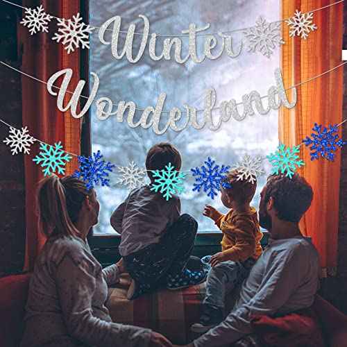 3Pcs Winter Wonderland Banners, Glittery Snowflake Banner Christmas Decorations Banners Winter Holiday Garland Photo Props Banner for Party Home Decor (Silver Blue)