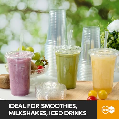Turbo Bee 24 oz Clear Plastic Cups with Lids & Straws - 200 Disposable To Go Drinkware