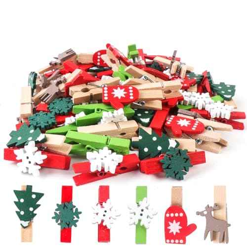 Mini Christmas Wooden Clips 120PCS, Christmas Photo Clips, Christmas Tree Clothespins for Christmas Hanging Photos and Party Decorations