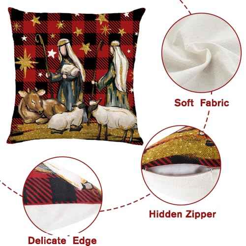 4pcs Christmas Pillow Covers 18x18in O Holy Night Jesus Buffalo Plaid Stars Throw Pillow Covers Xmas Winter Holiday Seasonal Cushion Case Decorations for Farmhouse Couch Sofa Home Decor