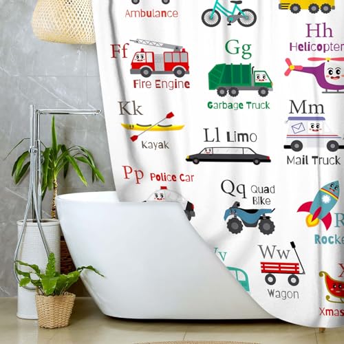 Vehicles Alphabet Shower Curtain for Kids, Kid Excavator Tractor Machinery Trucks Curtain, Construction Vehicle Boys, Bulldozer Crane Bath Equipment Truck