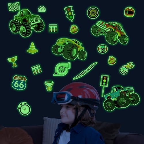 Glow in The Dark Racing Car Wall Stickers, Truck Kids Bedrooms Wall Decals, Racing Theme Big Foot Truck Ceiling Decor, Nursery Classroom Playroom Home Decor Gifts