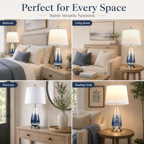 Set of 2 Blue Water-Ripple Glass Table Lamps - 27 Inch Coastal Modern Lighting Variation