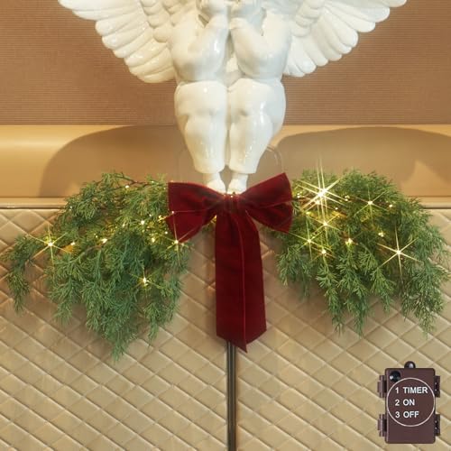 Battery-Operated Lighted Christmas Swag with Timer, Cedar Pine 32in Decor with Fairy Lights & Red Bow