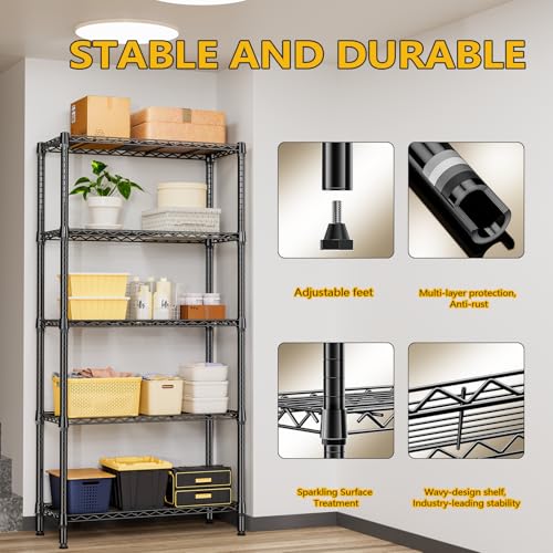 5 Tier Metal Storage Shelves - Heavy Duty Wire Rack for Garage Kitchen Closet Black 15.7"D x 33.5"W x 68.5"H