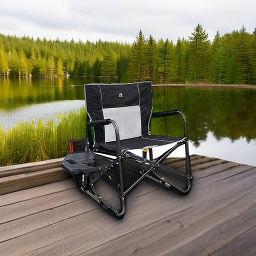 GCI Outdoor Freestyle Rocker XL Camping Chair - Portable Folding Rocking Chair with Side Table & Drink Holder - Black