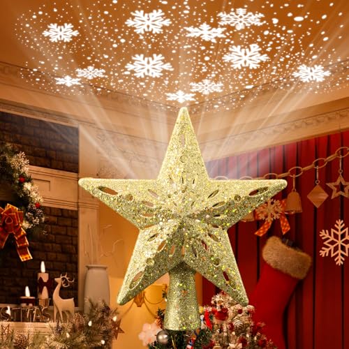 YCIND Golden-Star Lighted Christmas Tree Topper with 3D Hollow Design & 6 Rotating Patterns