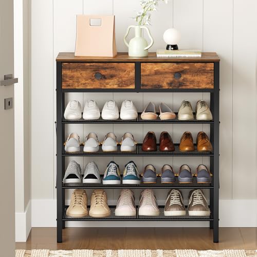 YATINEY 5-Tier Shoe Rack with Drawers, Rustic Brown & Black, 27.7" x 10.8" x 37.7"