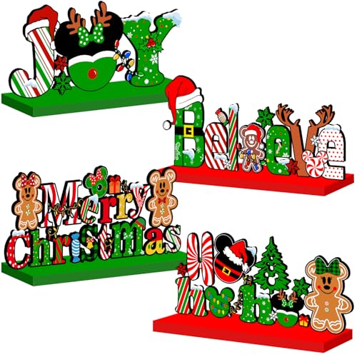 Christmas Decorations Table Centerpiece 4pcs Gingerbread Christmas Party Decorations Wooden Signs Merry Christmas Table Topper Signs Photo Prop for Xmas Holidays Tiered Tray Decor
