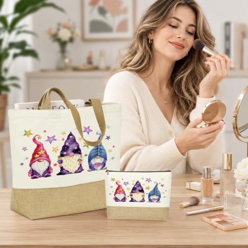 Wizard 1866 Watercolor Magic Gnomes Star Tote Bag & Makeup Bag Set - Jute Bottom