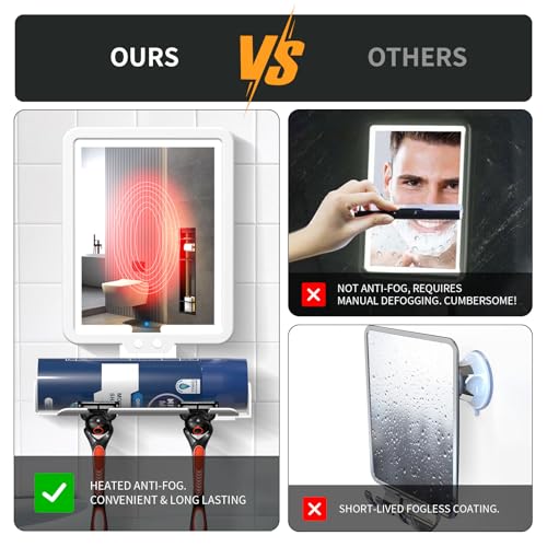 Lighted Fogless Shower Mirror for Shaving - Heated, Large 9.5x7 Inch, White