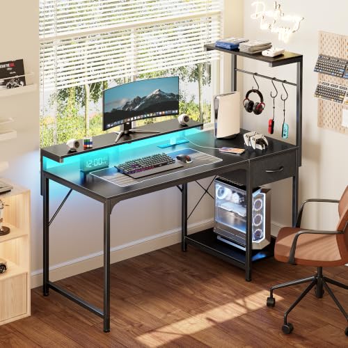 PRAISUN 39.4-Inch Gaming Desk with RGB LED Lights & Power Outlets - Black