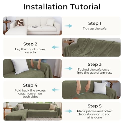 Sectional Couch Cover L Shape XL - Washable Sofa Slipcover in Sage Green