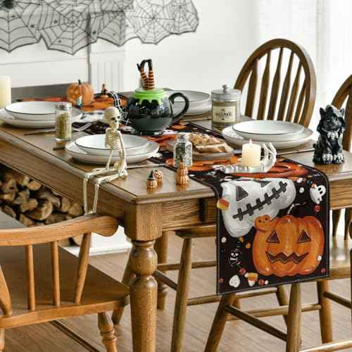 Artoid Mode Jack-O'-Lantern Pumpkins Spooky Black Halloween Table Runner, Candy Corn Kitchen Dining Table Decoration for Home Party Decor 13x108 Inch