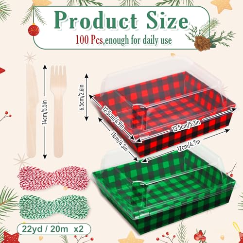 Christmas Charcuterie Boxes 100 Pack with Lids, Forks & Knives – Red/Green Checkered Paper Gift Boxes