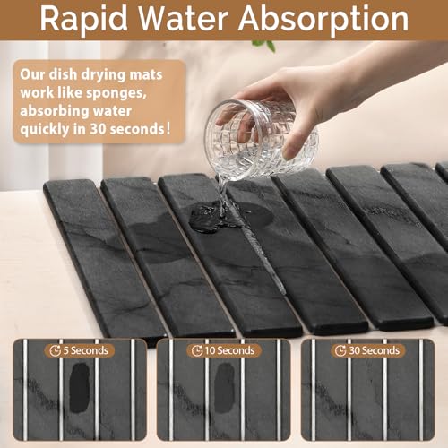 Linidcoud Dark Gray 20x14 Inch Stone Dish Drying Mat for Kitchen Counter - Quick Dry Water Absorbing Marbled Diatomaceous Earth Pad