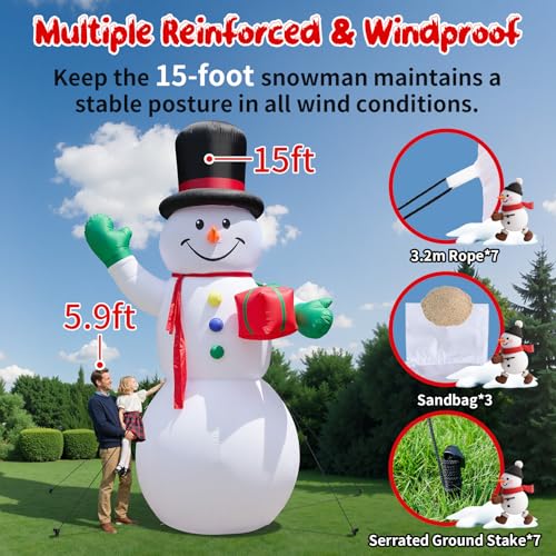 Dawdix 15FT Inflatable Snowman Christmas Yard Decor with LED Lights & Hat