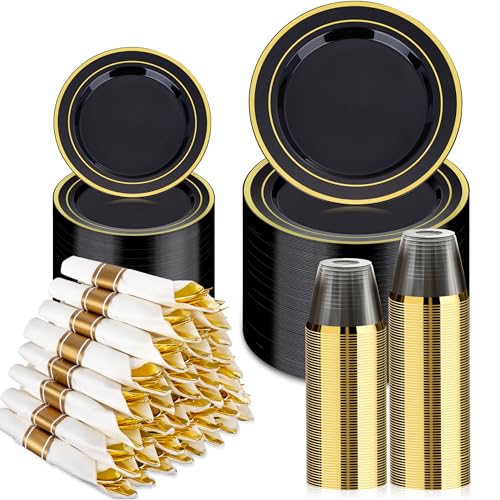 BESTVIP 525-Piece Black Gold Dinnerware Set for 75 Guests - Plates, Cups, Cutlery & Napkins