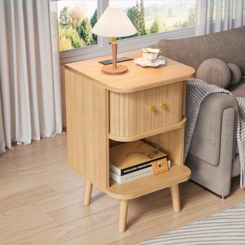 Oak Mid Century Modern Nightstand Set of 2 with Charging Station