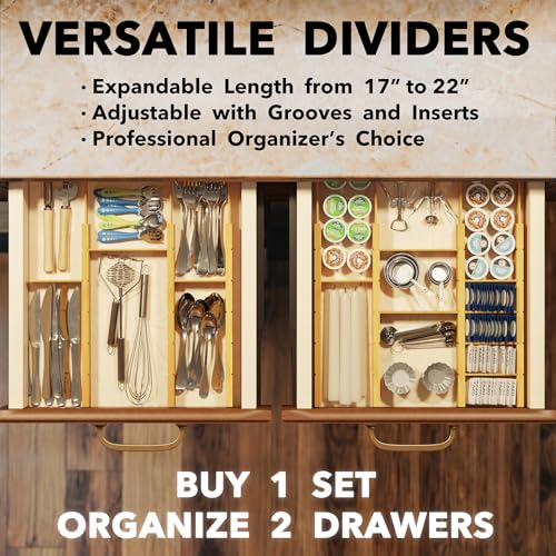 SpaceAid Bamboo Drawer Dividers with Labels, Adjustable Expandable Organizer, 7 Dividers with 15 Inserts, Natural 17-22 inch