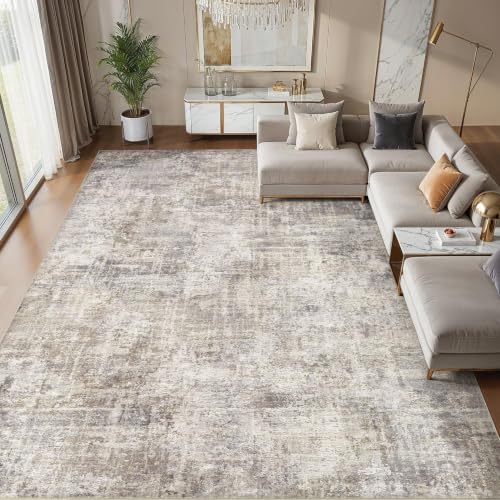 Cotiled 9x12 Area Rug for Living Room - Abstract Washable Carpet, Brown & Grey