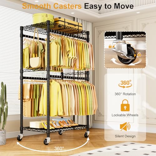 ULIFHOME P4 Rolling Clothes Rack with Double Rod & Adjustable Shelves - Black / P4