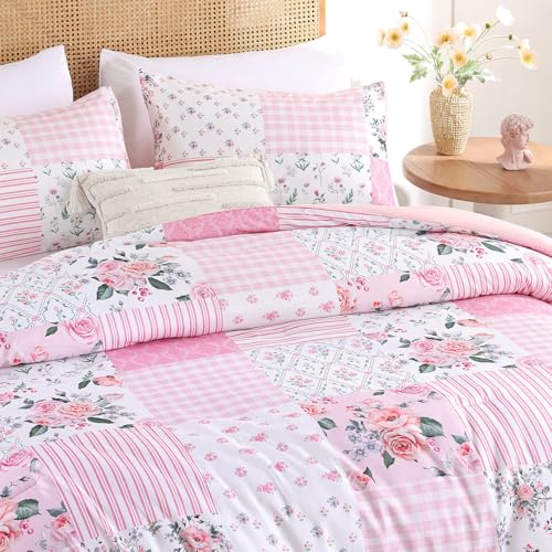 YIKUSH 3-Piece Pink Floral Queen Comforter Set 90x90 All-Season Bedding
