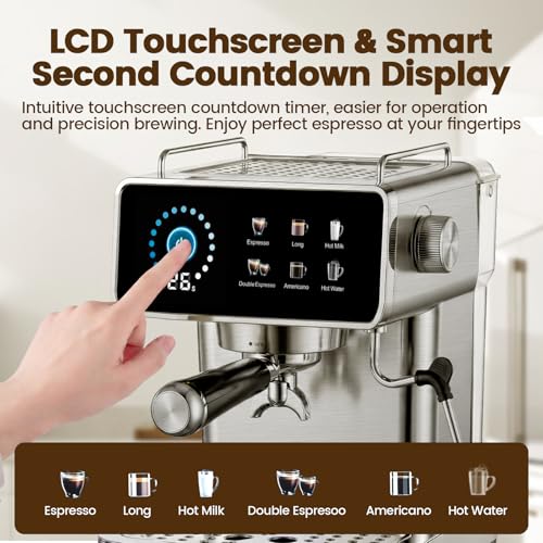 Touchscreen Espresso Machine with Timer, 51oz Water Tank, 20 Bar Pressure - Grey Silver