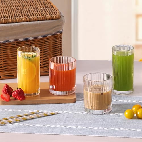 Moretoes Ribbed Glass Cups Set of 12 - 12oz & 13oz Vintage Drinking Glasses