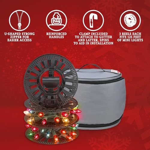 Gray Premium Christmas Light Storage Bag with Reels & Handles - Heavy Duty 600D
