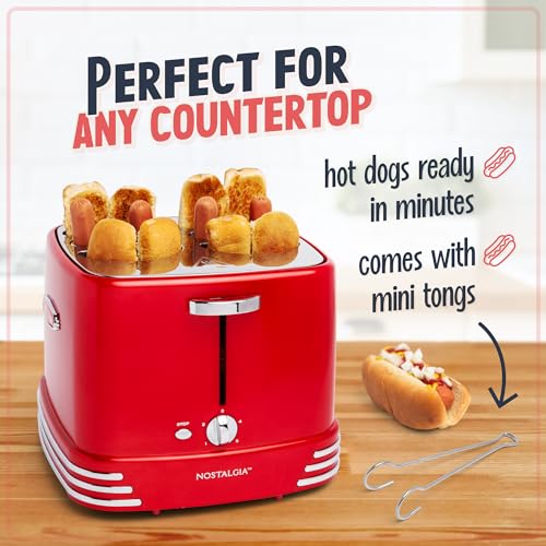 Metallic Red 4 Slot Hot Dog Toaster with Tongs & Adjustable Settings