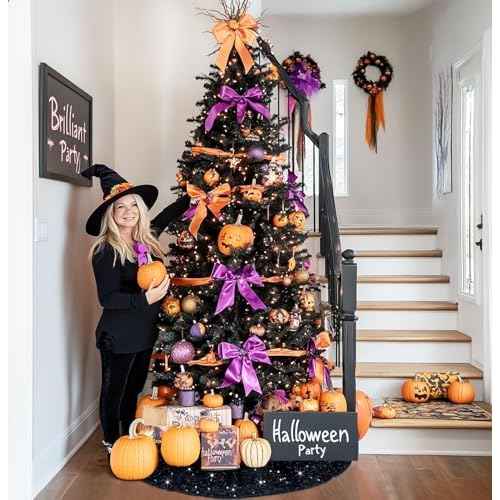 Black Christmas Tree Skirt Velvet 36 Inches Round Glittery Sequin Tree Skirts Xmas Tree Base Cover Mat Outdoor Tree Skirt Christmas Black Halloween Tree Decorations for Family Party Decor