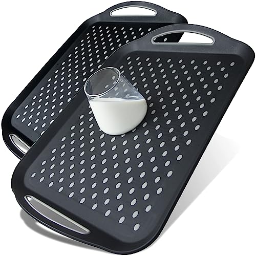 Large NonSlip Serving Tray with Handles - Black, Set of 2