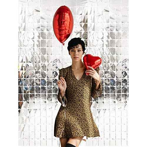 Prudance 2 Pcs Silver Foil Fringe Square Curtain Party Decorations,Sequin Square Curtain Photo Backdrop Props Suitable for Birthday Party Bachelorette Engagement Christmas New Years Decor 3.3 x 6.6 Ft