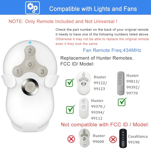 Replacement Remote Control for Hunter Ceiling Fan 99122/99123 - Dimmer & Fan Speed