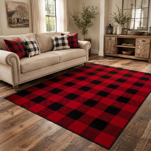 Red & Black Buffalo Plaid Rug 5' x 7' - Living Room Carpet, Faux Wool